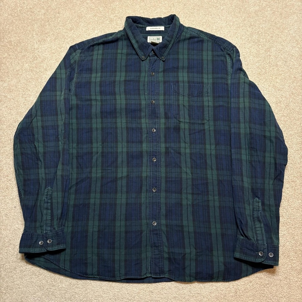 LL Bean Shirt Mens 2XL Green Navy Plaid Flannel Button Up Long Sleeve Casual